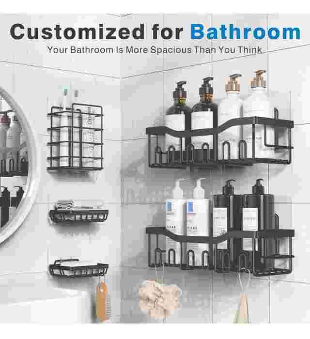 5 in 1 bathroom organizer (Adhesive Shower Caddy, 5 Pack Rustproof Stainless Steel Bath Organizers With Large Capacity, No Drilling Shelves for Bathroom Storage & Home Decor) 1