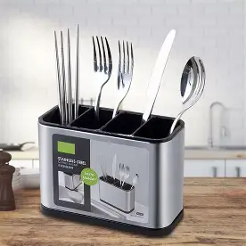 STAINLESS STEEL CUTLERY BUCKET (Kitchen Utensils Holder 4-Grid Stainless Steel Cutlery Holder with Draining Hole Anti-Slip Rustproof)