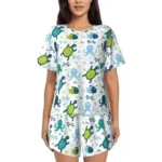FEMALE NIGHT WEAR (Summer Women Milk Silk Short Sleeve Sleepwear Knee-Length Cartoon Print Loose Nightgown Thin Material Comfortable Home Dress)