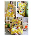 FEMALE NIGHT WEAR (Summer Women Milk Silk Short Sleeve Sleepwear Knee-Length Cartoon Print Loose Nightgown Thin Material Comfortable Home Dress)