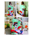 FEMALE NIGHT WEAR (Summer Women Milk Silk Short Sleeve Sleepwear Knee-Length Cartoon Print Loose Nightgown Thin Material Comfortable Home Dress)
