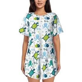 FEMALE NIGHT WEAR (Summer Women Milk Silk Short Sleeve Sleepwear Knee-Length Cartoon Print Loose Nightgown Thin Material Comfortable Home Dress)