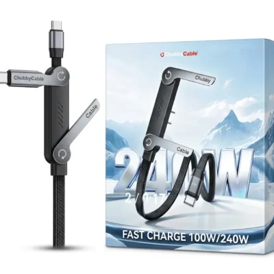 240W fast-charging Type-C data cable with an integrated folding phone stand.