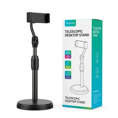 Adjustable height desk-top mobile phone stand with round base